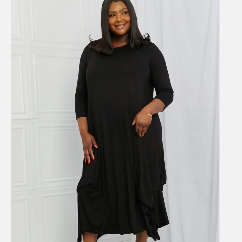 Plus Size Asymmetric Rushed Hem Midi Dress Black